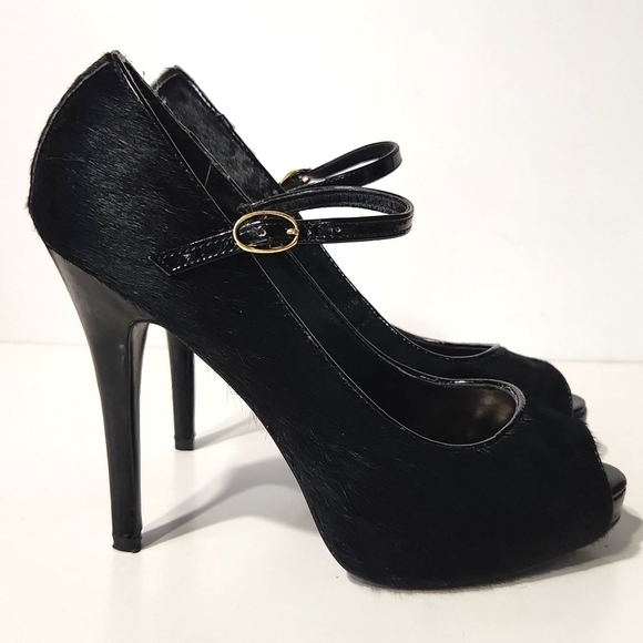 Steve Madden Laveda Black Leather Calf Hair Peep Toe Pumps Size 8M EUC! - Picture 4 of 11
